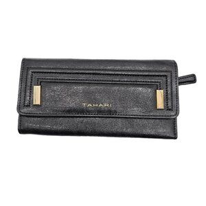 Tahari Tri Fold Wallet Black Faux Leather Credit Card Slots Vintage Snap Button